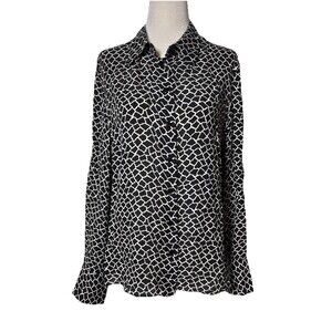 INC International Concepts 14P Silk Blouse Black White Geometric Long Sleeve